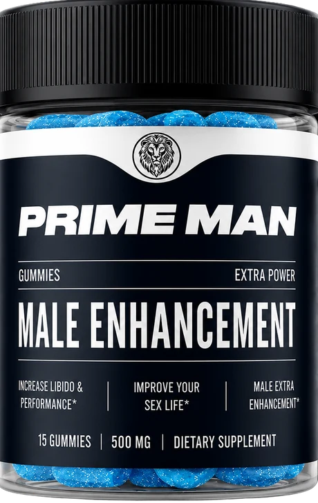 Prime Man Gummies bottle label showing 15 gummies at 500 mg
